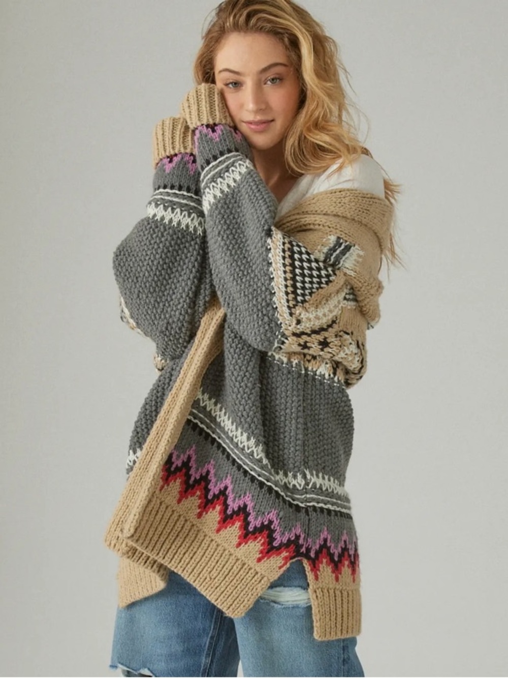 Lucky Brand Aztec Shawl Cardigan Chunky Sweater Wool Blend with Pockets Size XL
